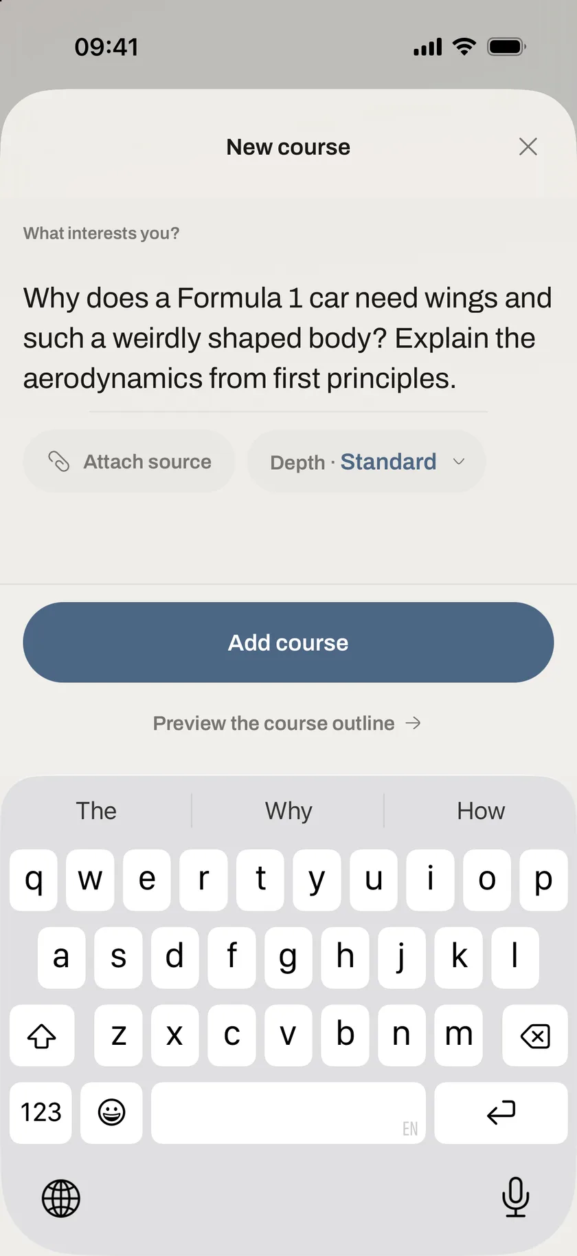 Sophia's new-course wizard with a typed learning prompt ready to build.